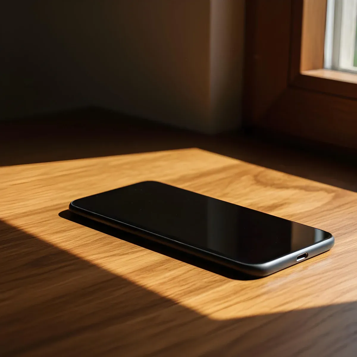 Celular com a tela apagada sobre uma mesa de madeira