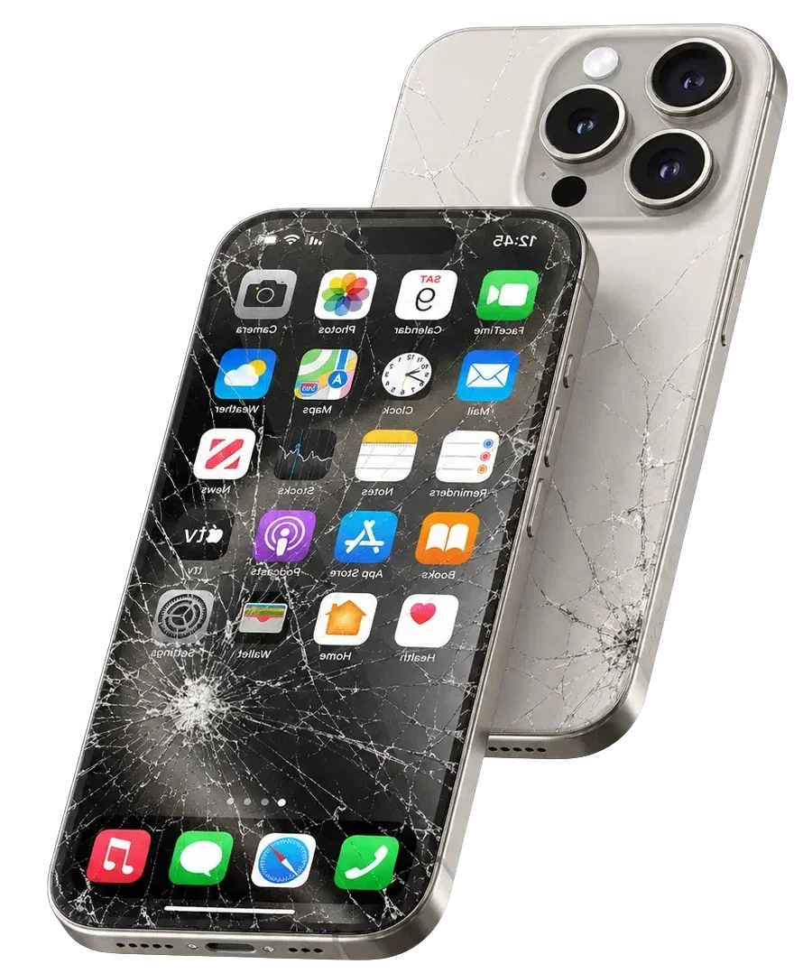 Dois celulares com o vidro danificado, ilustrando os reparos de tela.